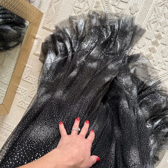 BASIX Black Label V-Neck Fit Flare Tulle Gown Black Silver - Picture 6 of 12